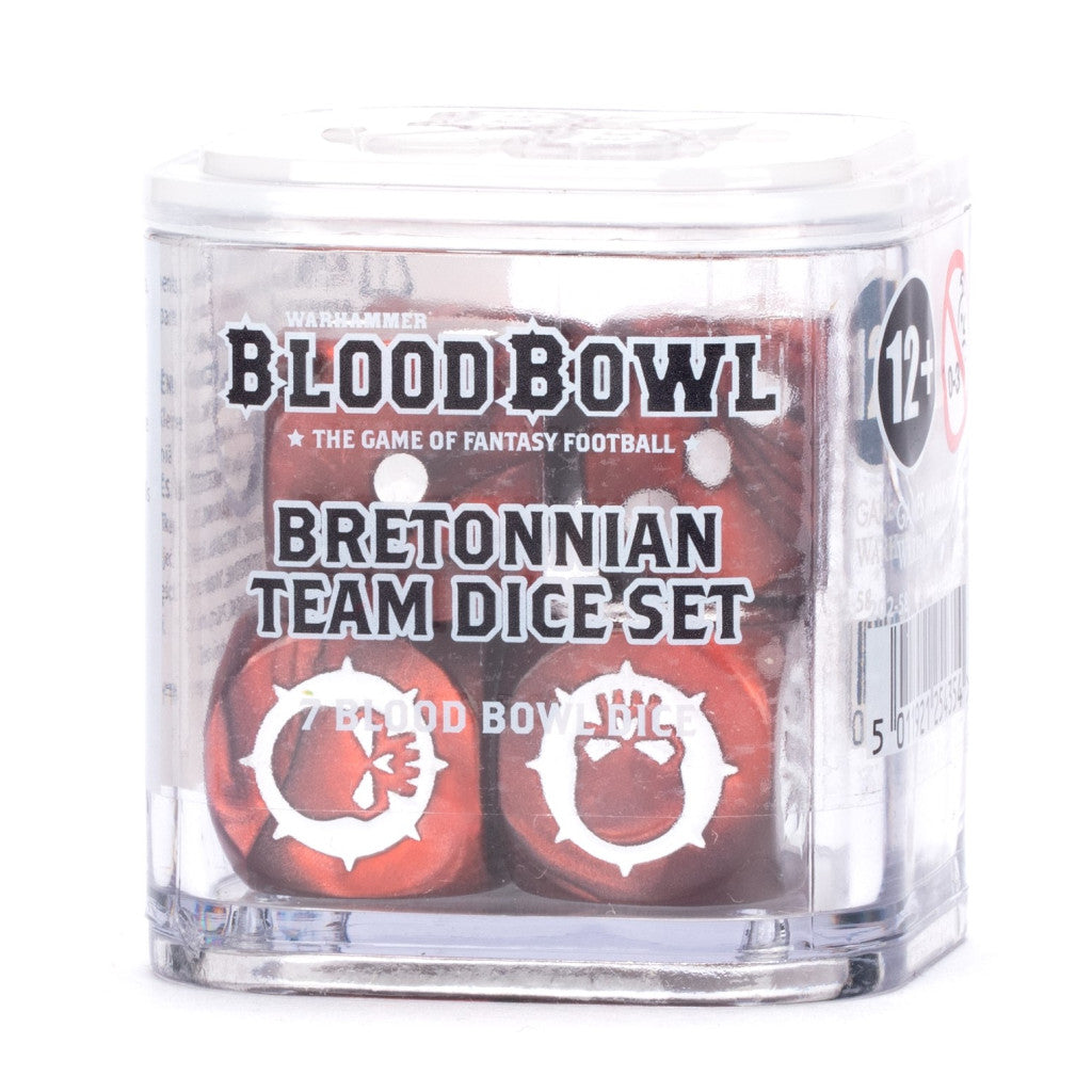 Blood Bowl Bretonnian Team Dice Set. Clear package holds red and white dice game accessories