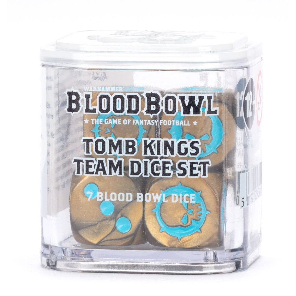 Blood Bowl Tomb Kings Team Dice Set, featuring 7 gold and cyan dice in clear plastic packaging