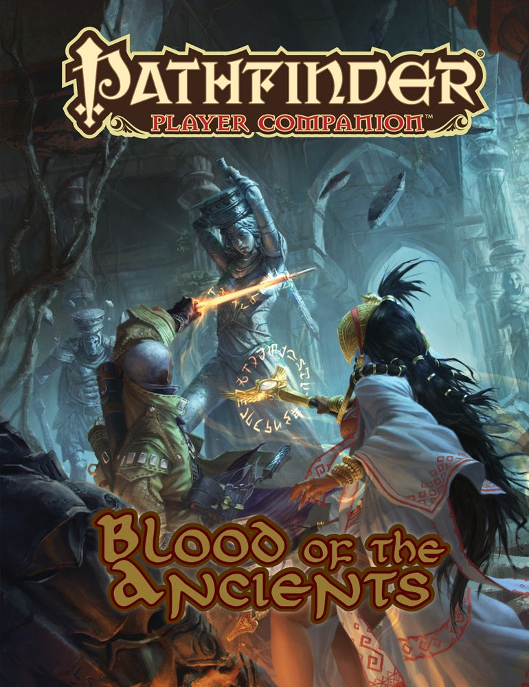 Two adventurers -  one casting magic -  fight a glowing animated stone statue in dark ruins