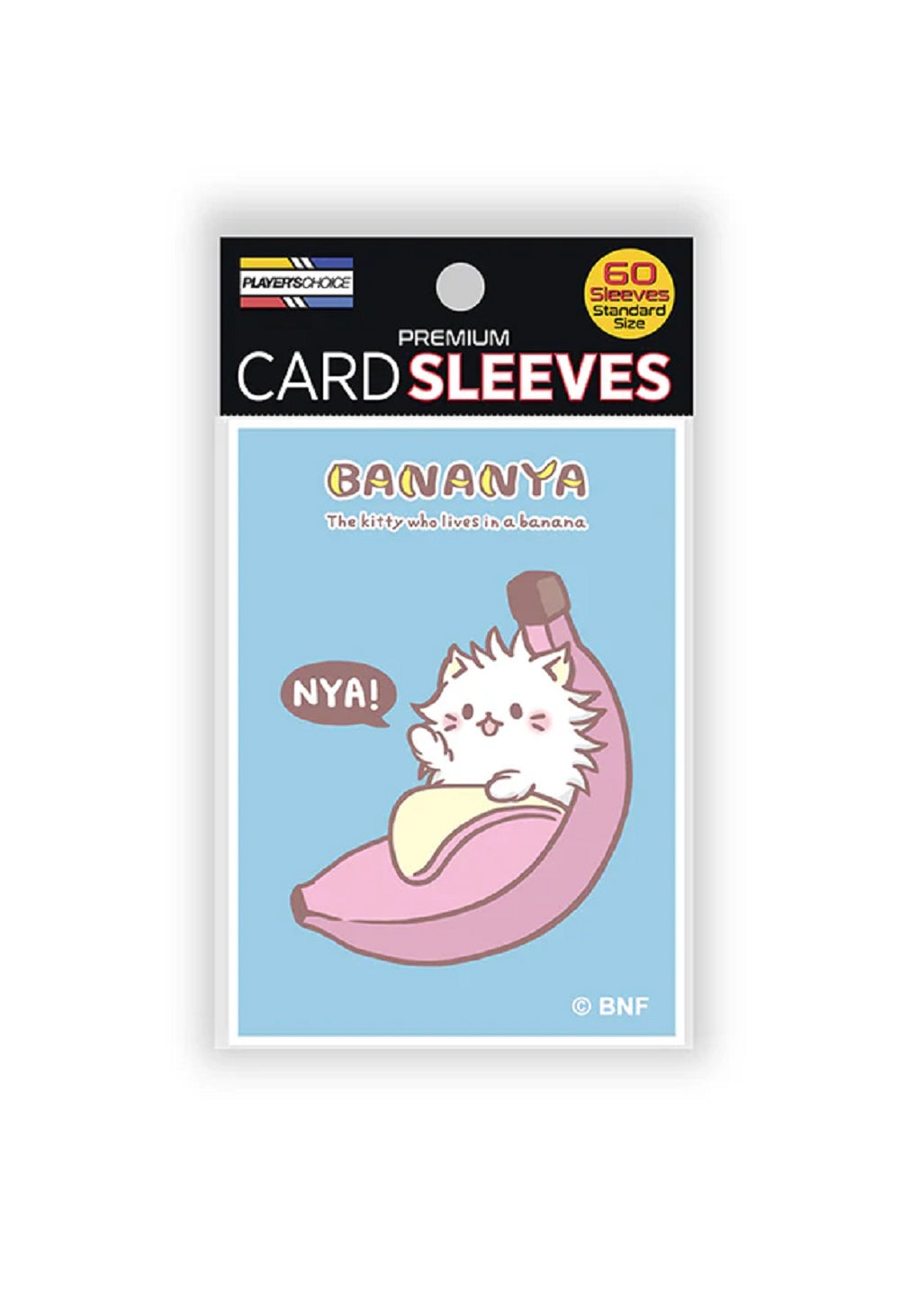 Bananya card sleeves packaging showing a white cat waving from inside a peeled pink banana
