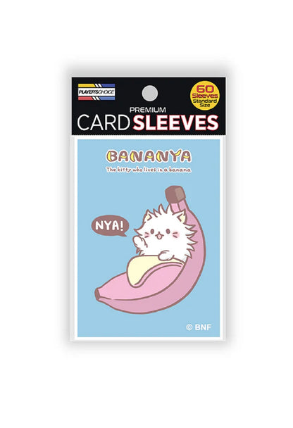 Bananya card sleeves packaging showing a white cat waving from inside a peeled pink banana