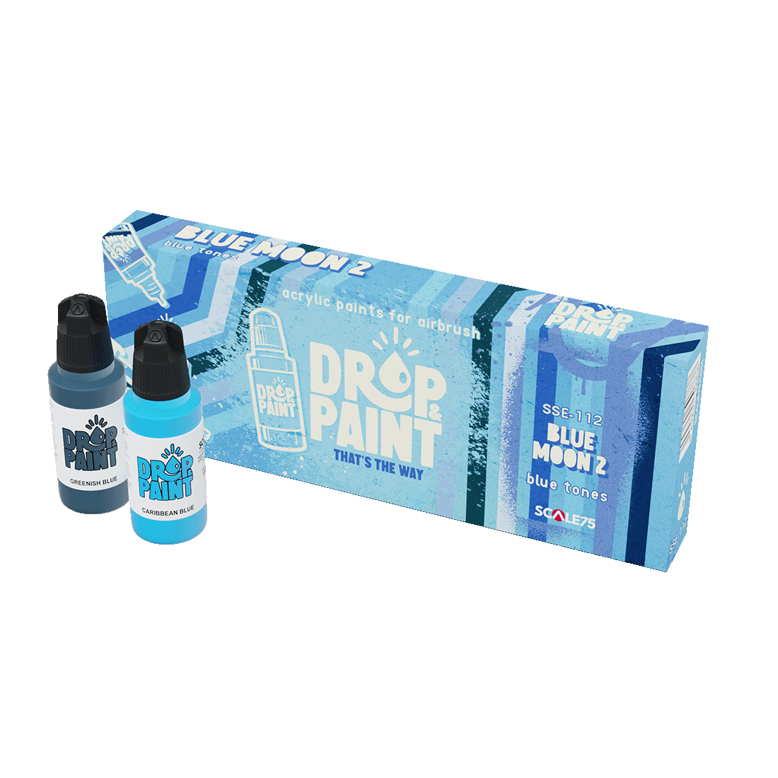 Drop & Paint Blue Moon 2 acrylic paint set: blue box, Greenish Blue & Caribbean Blue bottles
