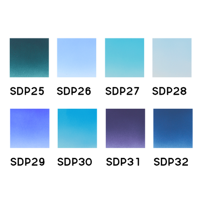 Grid of 8 square color samples (SDP25-SDP32) displaying various shades of blue, green, and purple