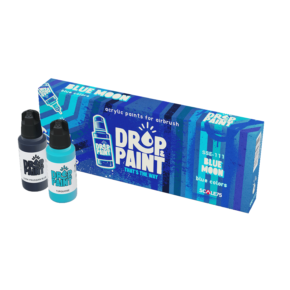 Drop & Paint 'Blue Moon' acrylic airbrush paint set with Dark Prussian Blue and Turquoise bottles