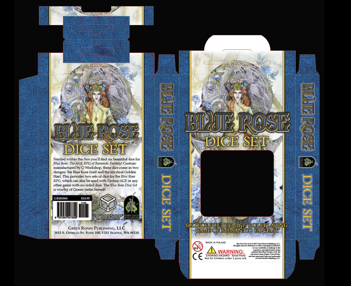 Die-cut template for &quot;Blue Rose Dice Set&quot; box. Features a fantasy woman with blue roses on a textured blue background.