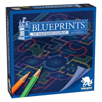 A "Blueprints of Mad King Ludwig" board game box, featuring a dark blue castle blueprint with colorful room outlines and two pencils