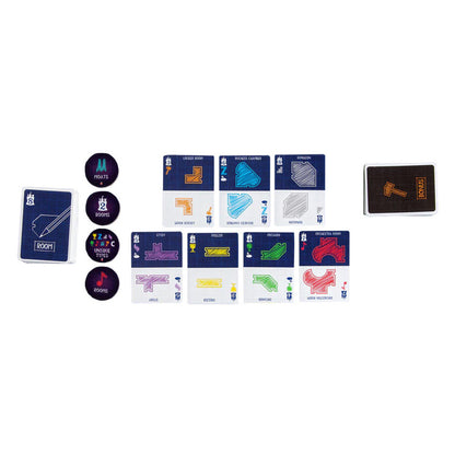 A set of game components: various colored cards depicting unique room shapes and several round tokens