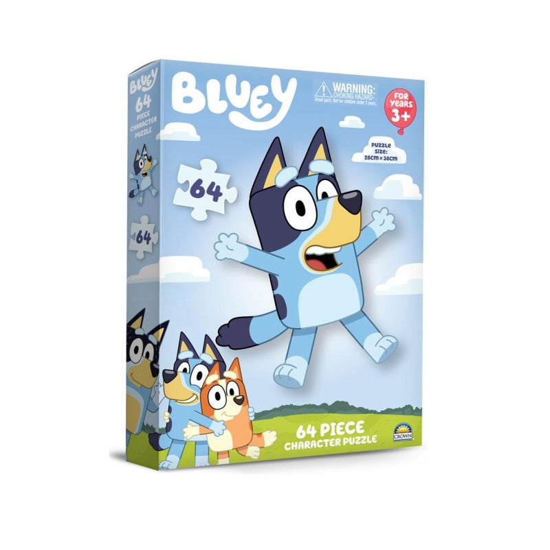 Bluey 64-piece puzzle box features the blue cartoon dog Bluey jumping excitedly