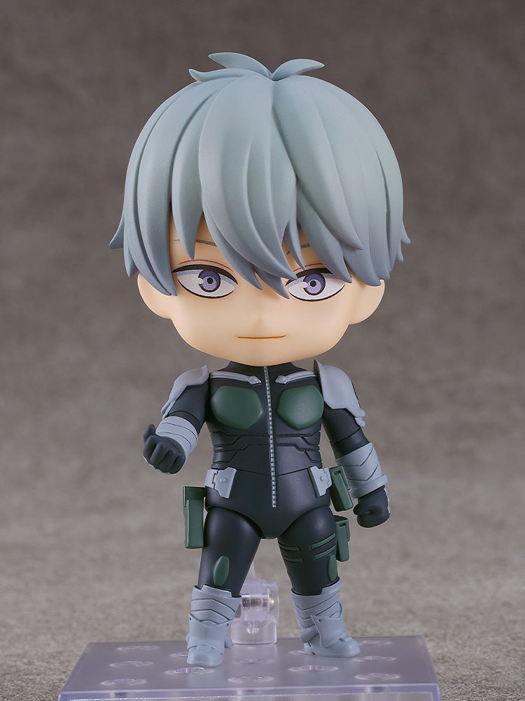 Kaiju No 8 Nendoroid of Reno Ichikawa collectible figure in black suit with green chest plates