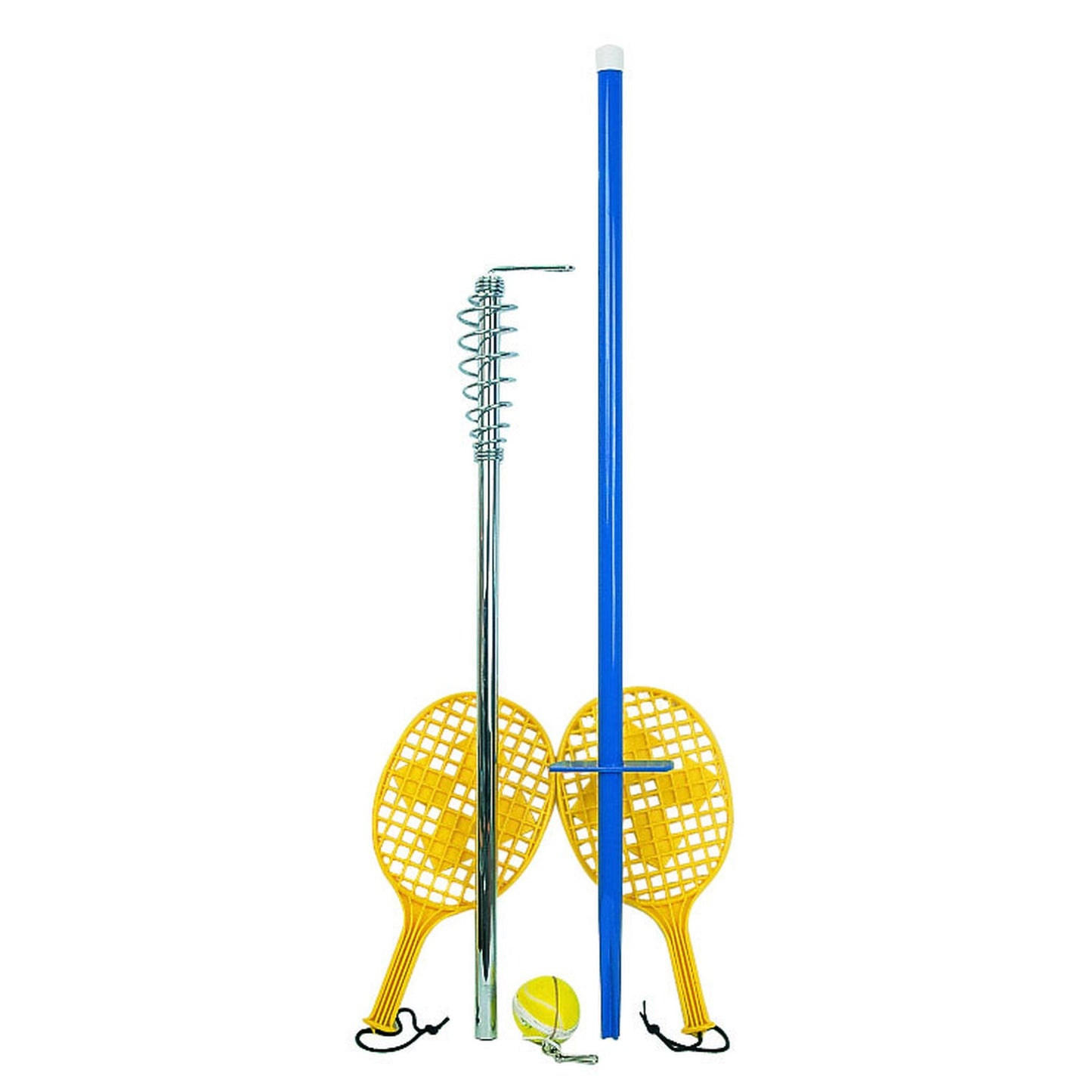 Tetherball tennis game set featuring two poles (spring-loaded), two yellow rackets, and a yellow tethered ball