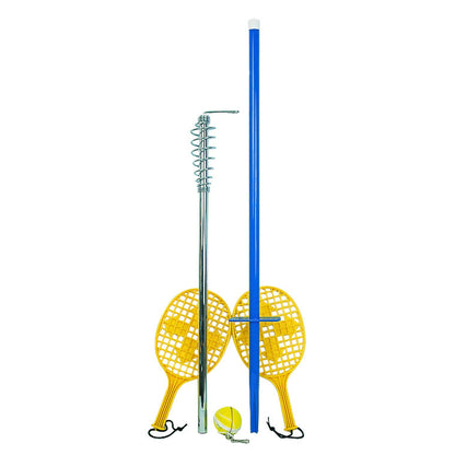 Tetherball tennis game set featuring two poles (spring-loaded), two yellow rackets, and a yellow tethered ball