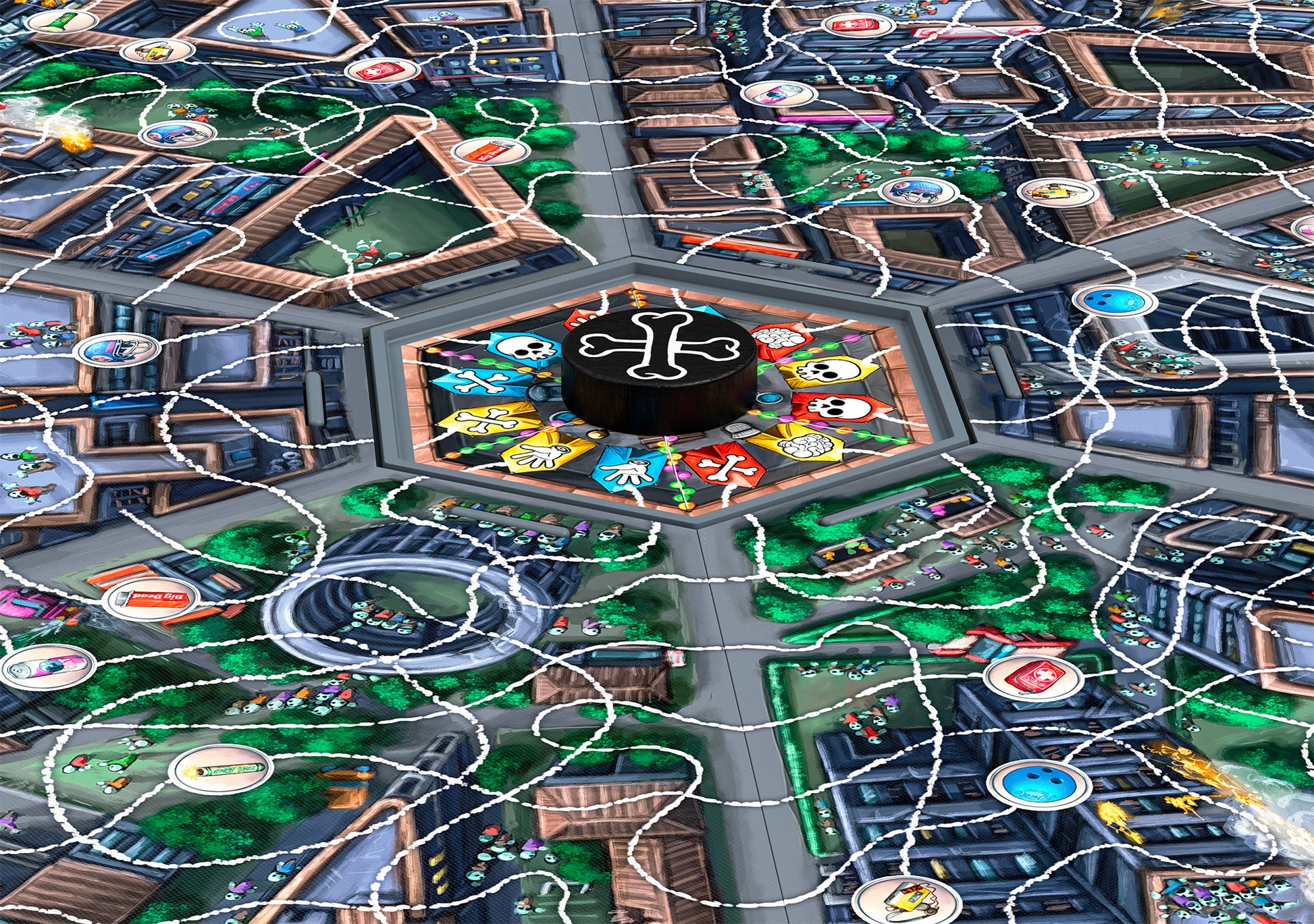 Overhead view of a hexagonal board game with a black central piece featuring a white cross and colorful zombie pawns