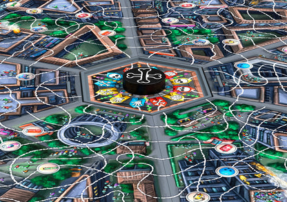 Overhead view of a hexagonal board game with a black central piece featuring a white cross and colorful zombie pawns