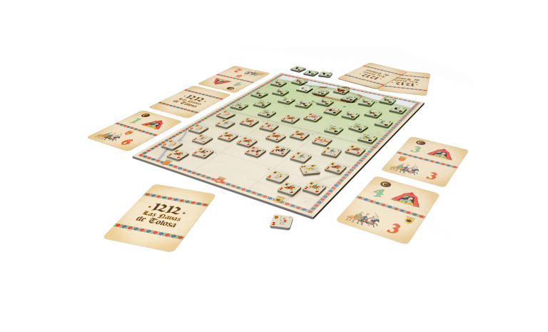 3D rendered image showing components of 1212: Las Navas de Tolosa including cards, tokens, and miniatures on a dark surface