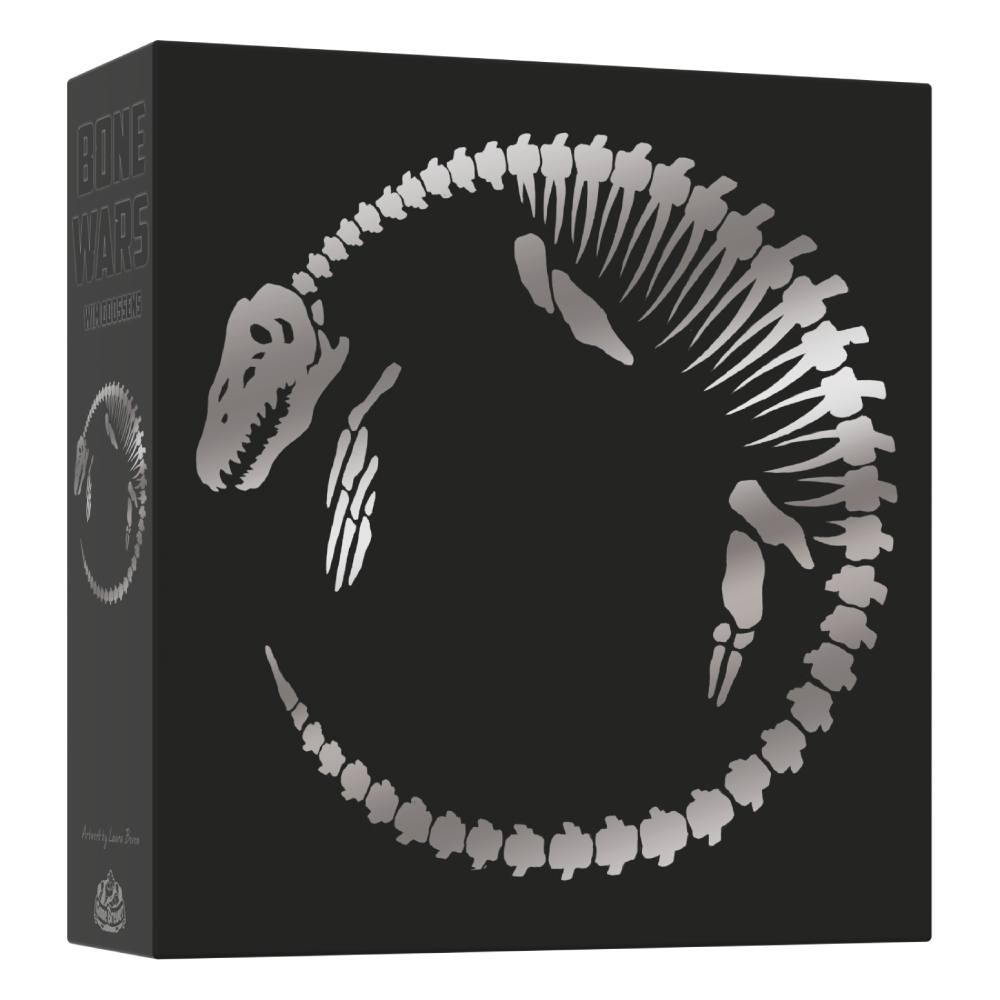 Black "Bone Wars" game box featuring a silver skeleton of a marine reptile curled in a circle