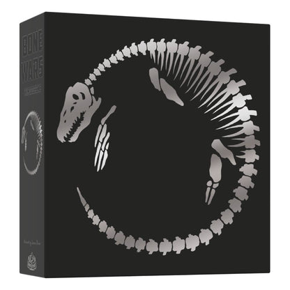 Black "Bone Wars" game box featuring a silver skeleton of a marine reptile curled in a circle