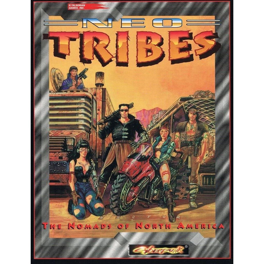 Cyberpunk RPG cover: Five armed nomads with bionics pose by vehicles in a dusty desert landscape