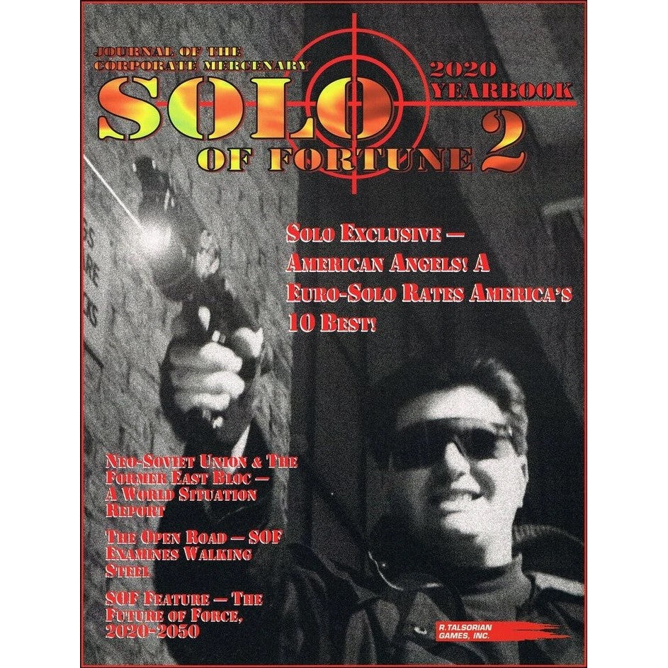Cover of Solo of Fortune 2020 Yearbook: A gun with muzzle flash, a smiling man in shades, and target scope.