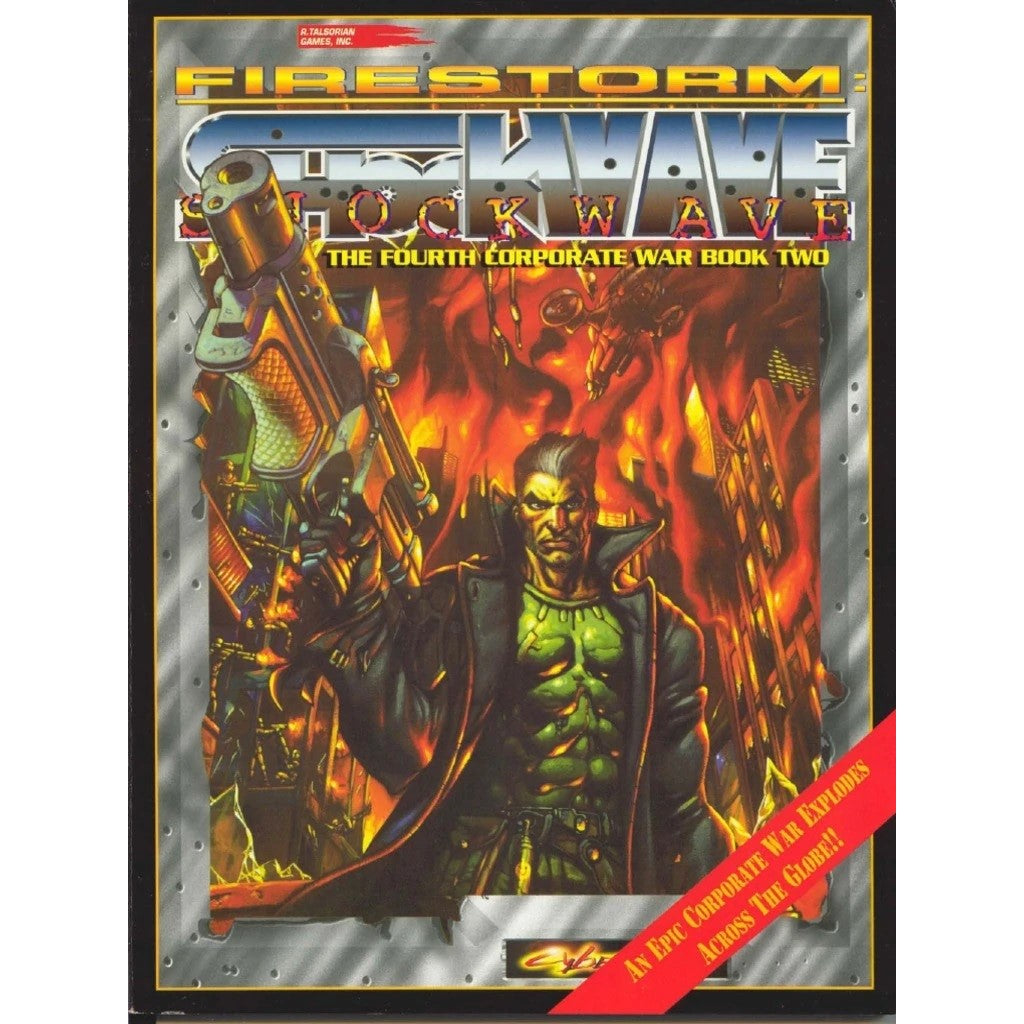 A muscular, grim man holding a large futuristic rifle, set against a fiery, ruined cityscape. Cover for Firestorm: Shockwave
