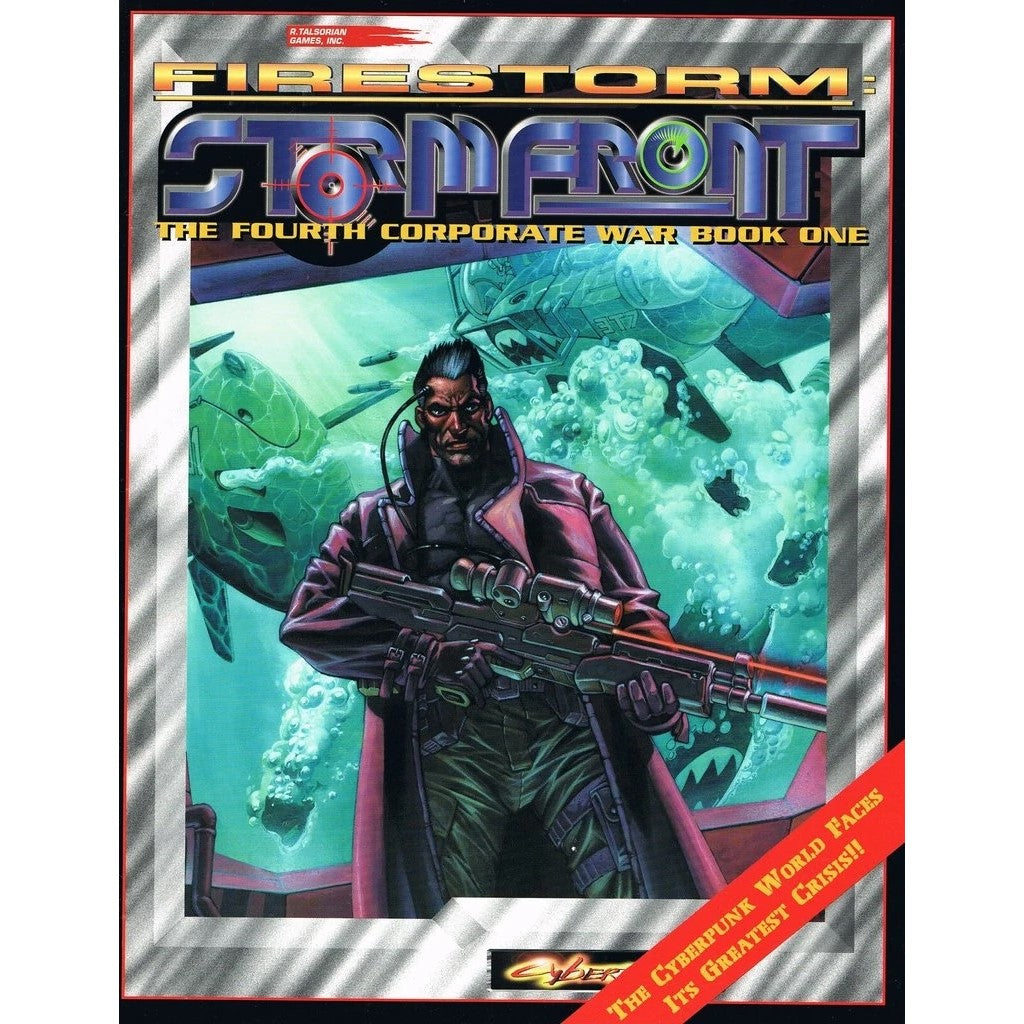 A stern cyberpunk man with an implant holds a futuristic rifle. Behind him, an underwater scene with armored vehicles