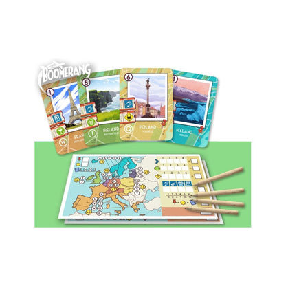Boomerang board game with colourful cards featuring European landmarks, a map game board, and four pencils