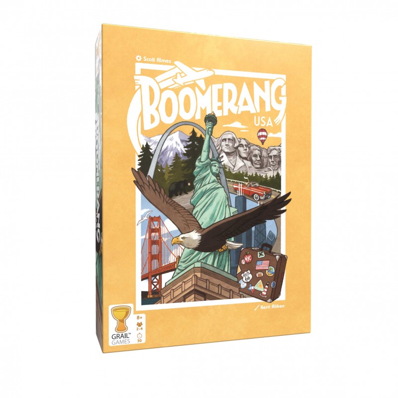 Orange board game box for Boomerang USA featuring an illustration of famous US landmarks and an eagle
