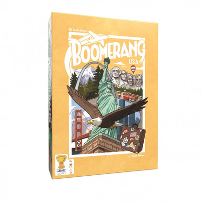 Orange board game box for Boomerang USA featuring an illustration of famous US landmarks and an eagle