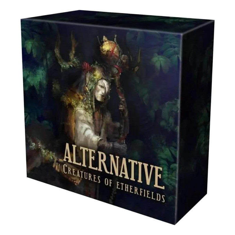 Alternative Creatures of Etherfields board game box featuring dark fantasy art of a robed figure with antlers and mystical staff set against lush green foliage