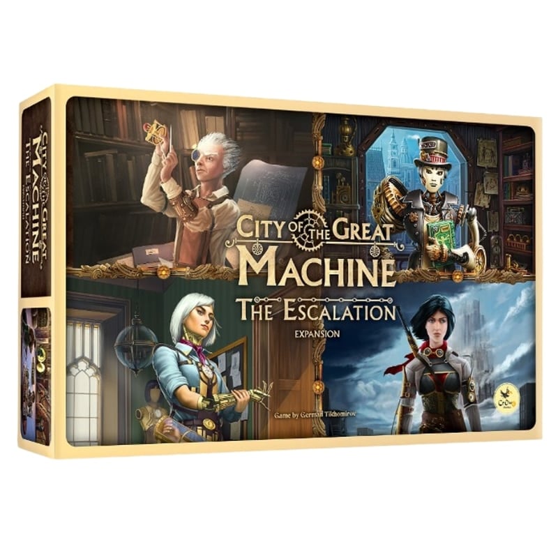 Board game box for &#39;City of the Great Machine: The Escalation Expansion&#39; featuring various steampunk characters.