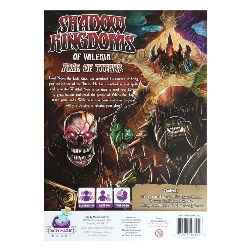 Shadow Kingdoms of Valeria Rise of Titans game box reverse showing illustrations of undead creatures and game components