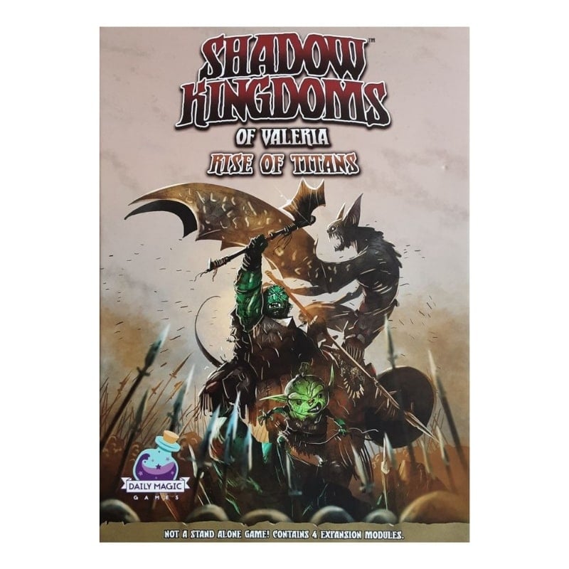 Shadow Kingdoms of Valeria Rise of Titans board game box featuring an epic fantasy battle scene