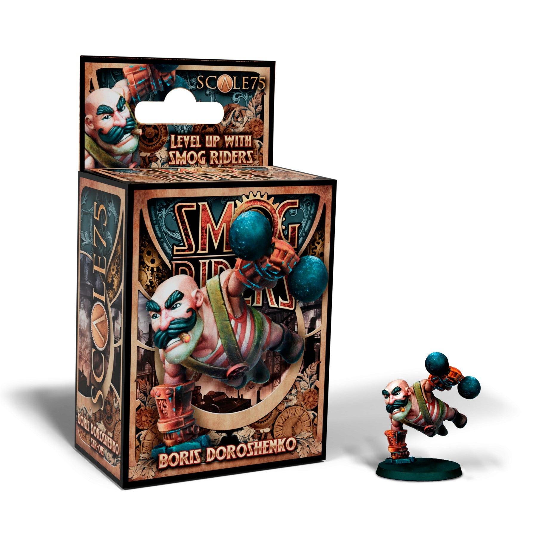 Boris Doroshenko miniature: A bald, mustachioed man with a cigar, balancing on one arm holding a dumbbell, next to his product box.