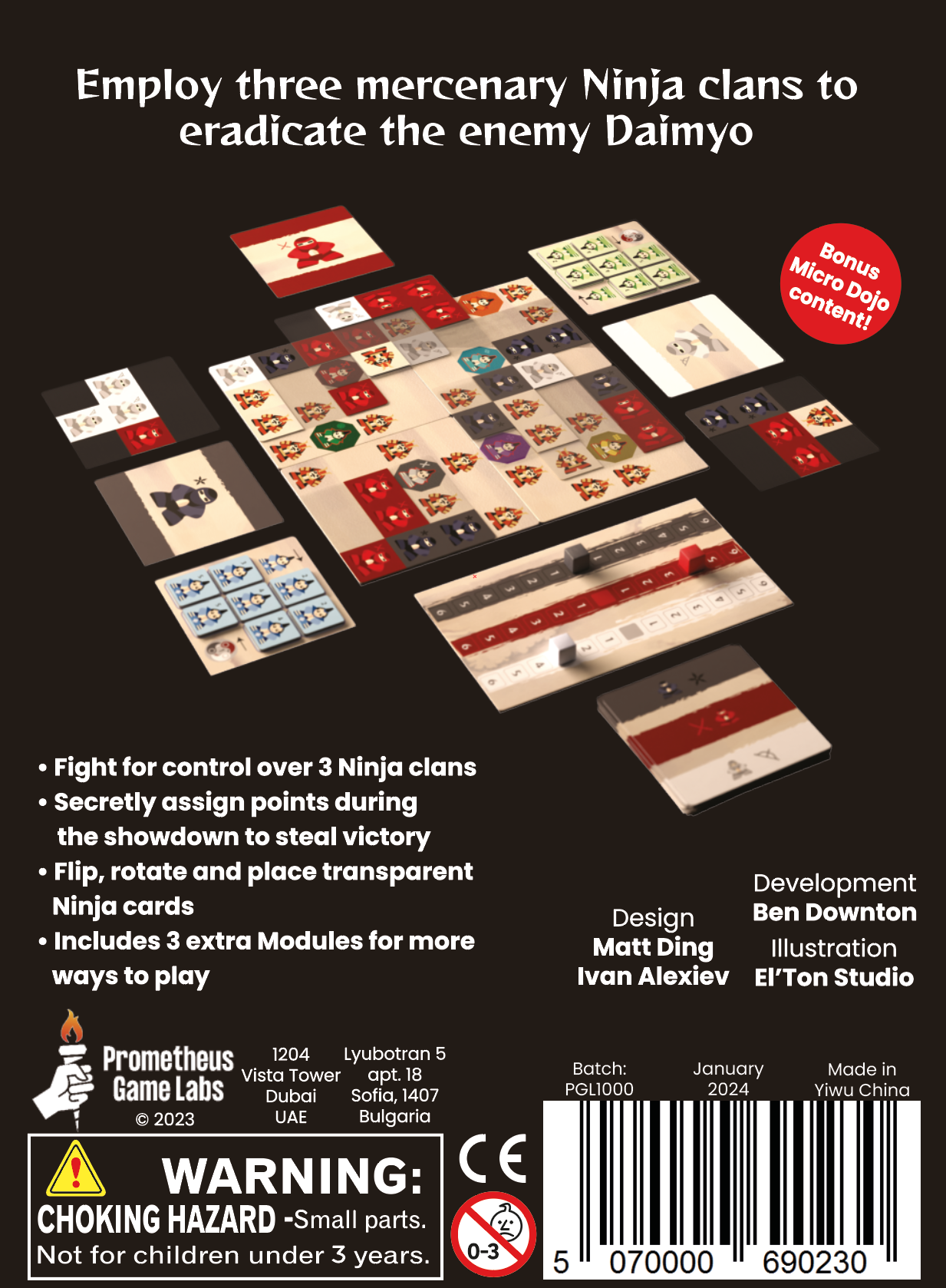 Setup of a Ninja board game featuring modular tiles, multi-colored clan cards, and a score tracking board