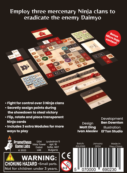 Setup of a Ninja board game featuring modular tiles, multi-colored clan cards, and a score tracking board
