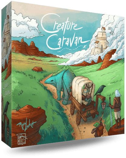 Creature Caravan board game box showing a large beast pulls wagon with diverse companions on a path through a fantasy world