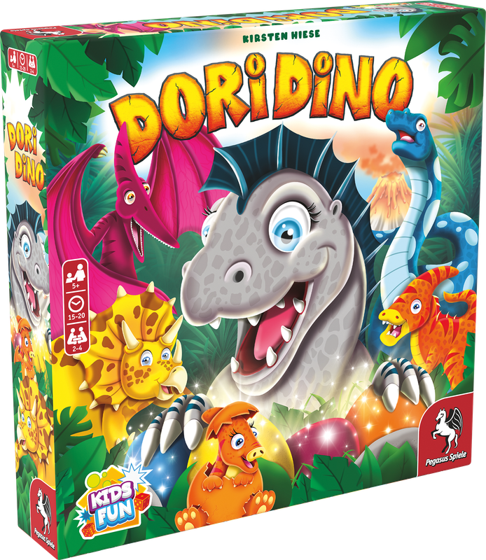 Box cover art of a dinosaur-themed board game with bright and playful design