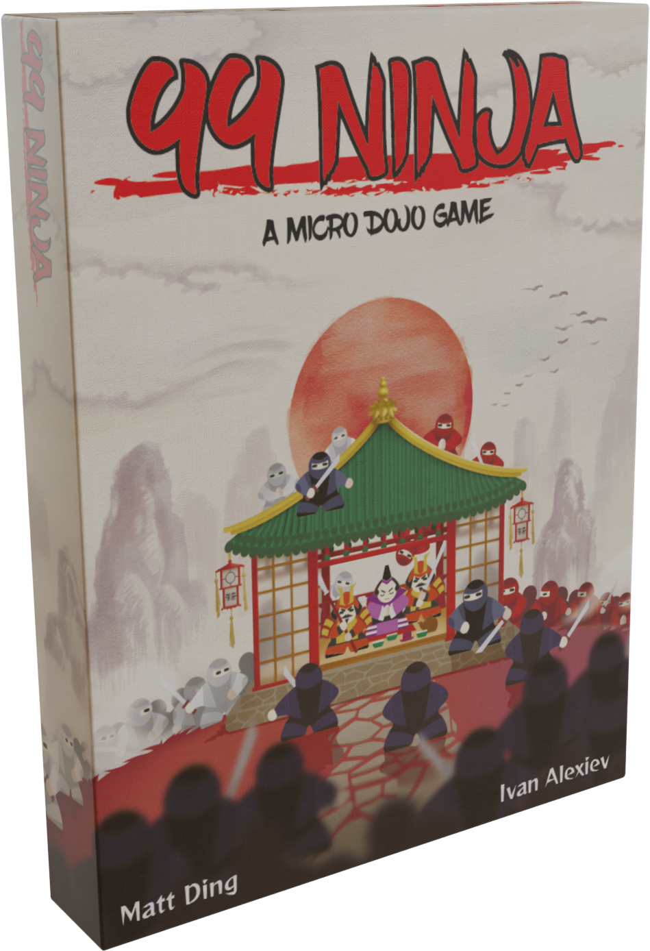 "99 Ninja" board game box art. Stylized ninjas in red, black, and white surround a temple under a large red sun