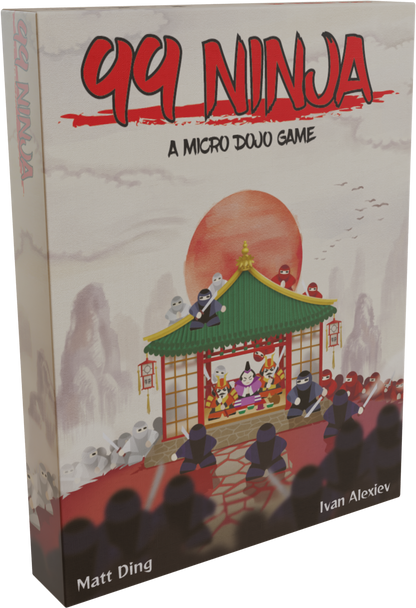 "99 Ninja" board game box art. Stylized ninjas in red, black, and white surround a temple under a large red sun
