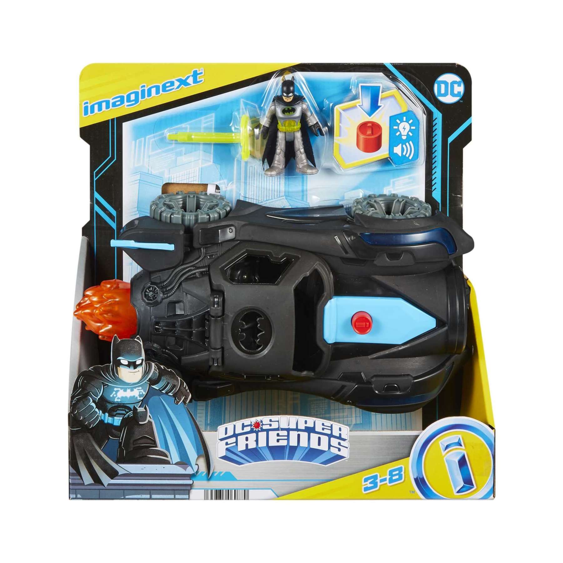 Imaginext DC Super Friends Batman figure and black Bat-vehicle with an orange flame accessory