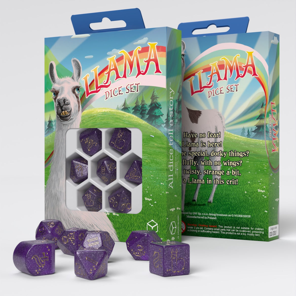 Two Llama Dice Set boxes. The front box shows a funny llama and rainbow. Scattered purple dice with gold flecks