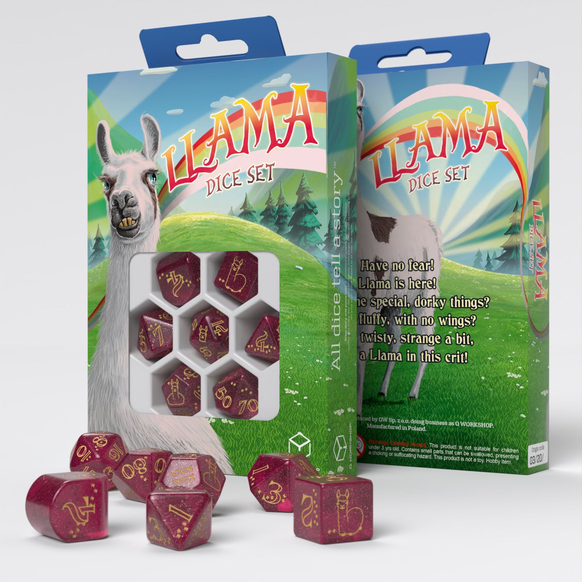 A Llama Dice Set box with a cartoon llama and rainbow. Transparent red dice with gold symbols are inside and scattered.