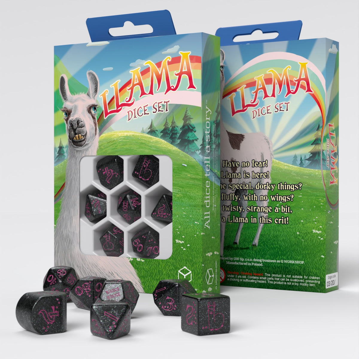 Black and pink glitter dice scatter near two &quot;Llama Dice Set&quot; boxes featuring a goofy llama and rainbow.