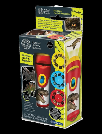 Retail box displaying the Natural History Museum Dinosaur Torch and Projector, which uses multiple image disks