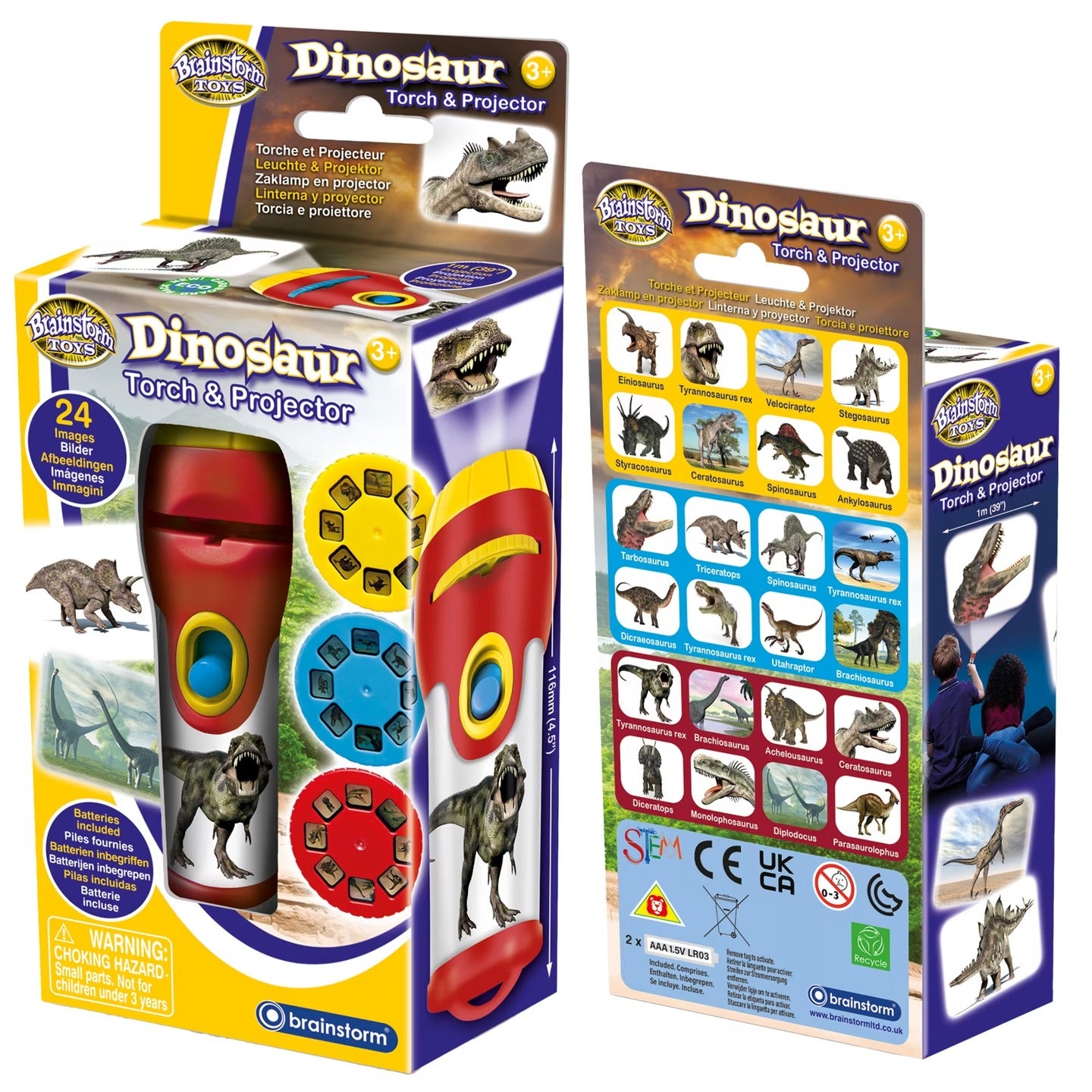 Boxed Dinosaur Torch & Projector toy showing the red and yellow device and various dinosaur slides