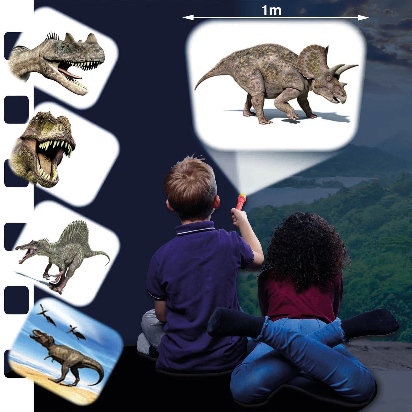 Boy projects a large Triceratops image onto a wall using a dinosaur flashlight projector