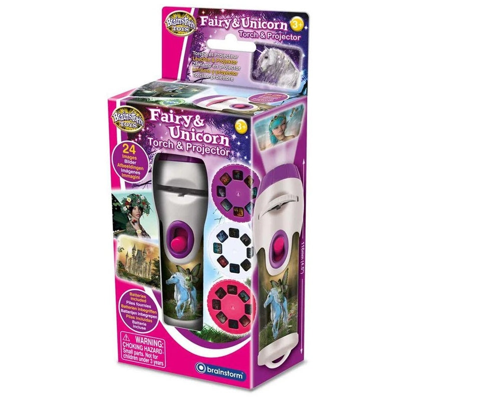 Fairy & Unicorn Torch and Projector toy in its pink/purple retail box, featuring the flashlight and 24 image slides