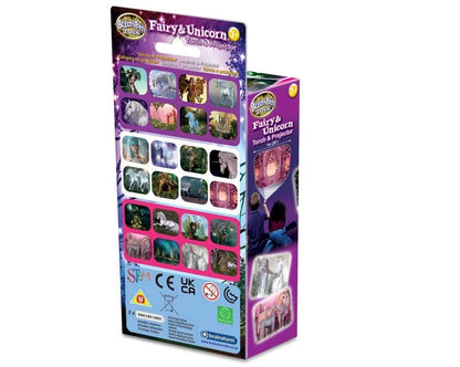 Packaging for Fairy & Unicorn Torch & Projector toy, displaying a grid of fantasy images