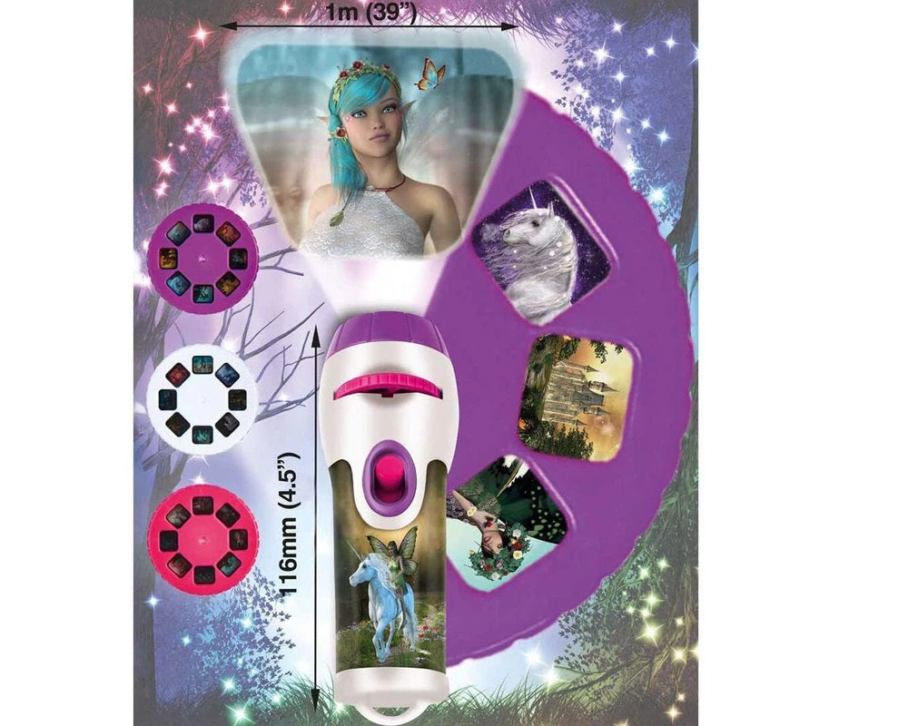Small toy projector displaying a fairy image, with various fantasy film discs shown