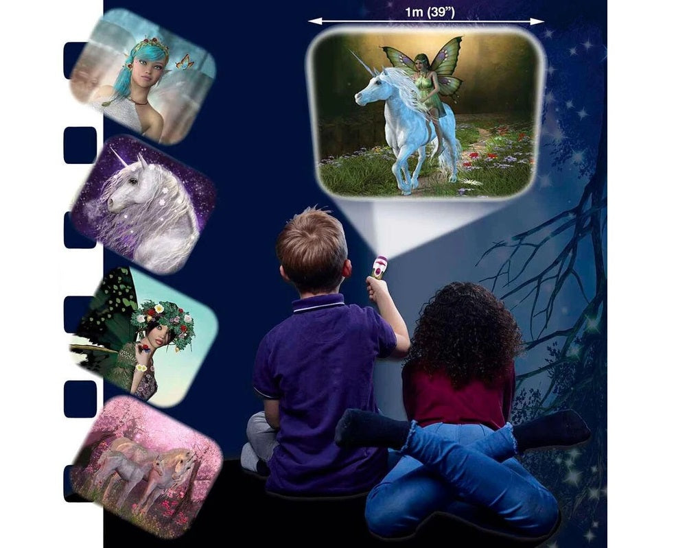 Children project an image of a fairy riding a unicorn onto a wall using a handheld slide projector