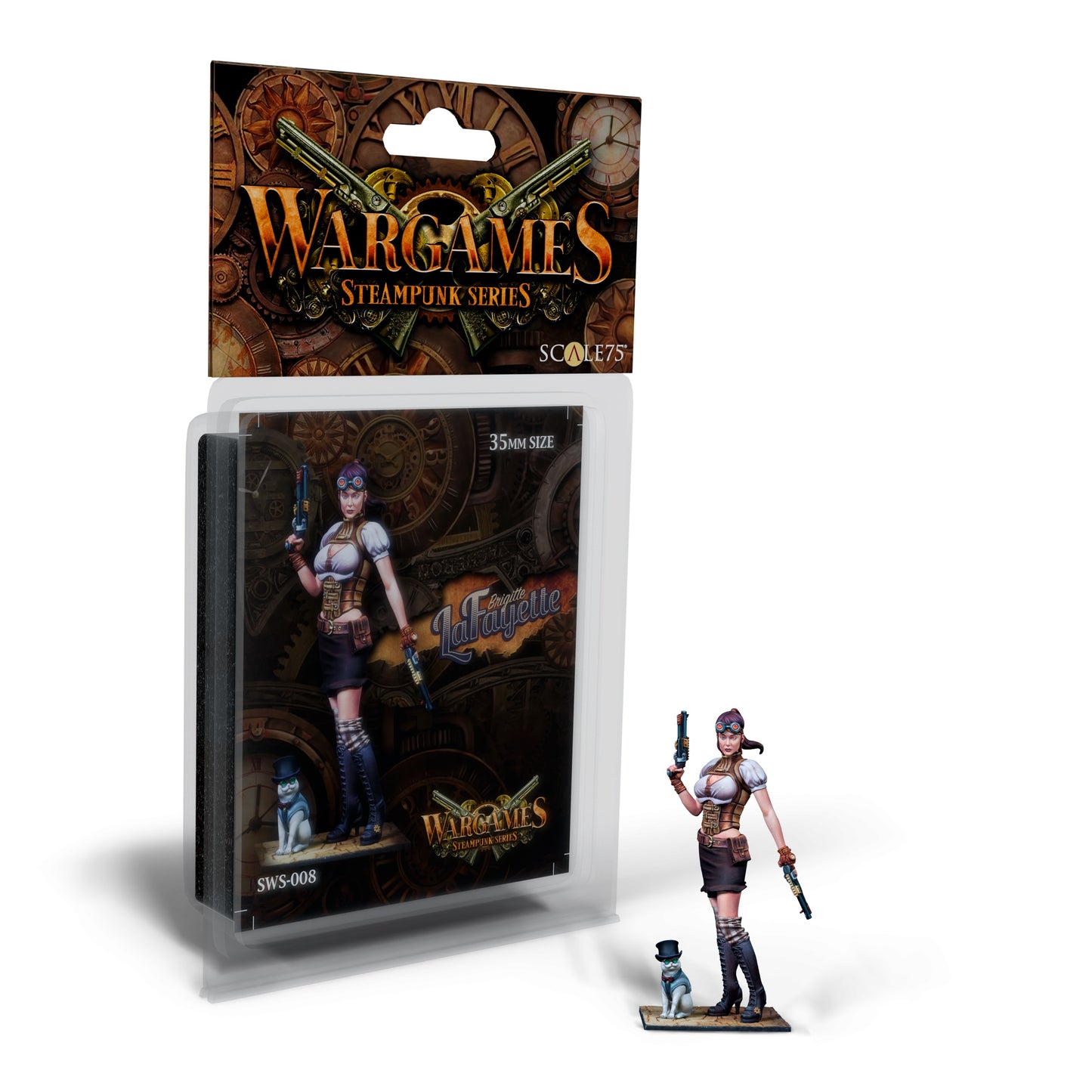 A steampunk female miniature holding two pistols, with a small cat in a top hat, next to its Wargames product box.